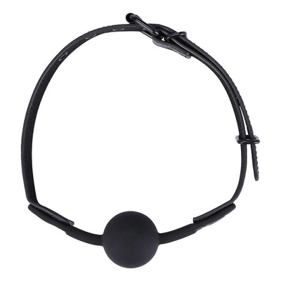 Black silicone ball gag with adjustable leatherette strap and metal buckle closure.
