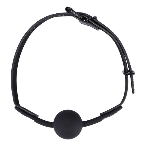 Black silicone ball gag with adjustable leatherette strap and metal buckle closure.