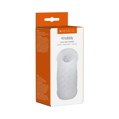 Packaging box of Myu Knobbly Dual End Stroker with orange and white design showing the textured sleeve product image.