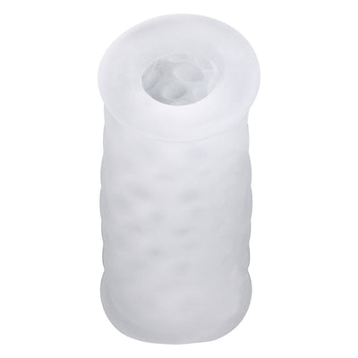 Translucent white textured dual-end stroker sleeve with nubby interior and compact cylindrical design.