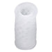 Translucent white textured dual-end stroker sleeve with nubby interior and compact cylindrical design.