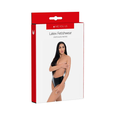 Packaging for Me You Us black latex crotchless panties featuring a model wearing the shiny high-waisted design.