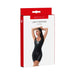 Packaging of Me You Us black latex mini dress featuring a model wearing the sleeveless scoop neck fitted dress.