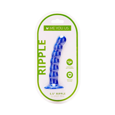 Blue 5.5-inch ripple textured G-spot peg in clear packaging with green accents, compatible with harnesses and made of body-safe silicone.