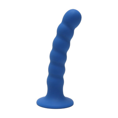Blue silicone ripple-textured G-spot peg with a curved shape and flared base for secure use.