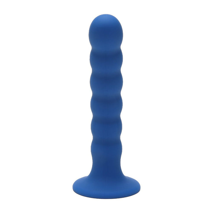 Blue silicone ripple-textured G-spot peg with a rounded tip and flared base for secure use.