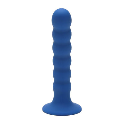 Blue silicone ripple-textured G-spot peg with a rounded tip and flared base for secure use.