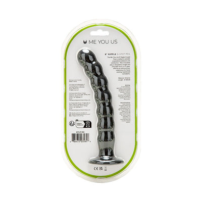 Myu Ripple G-spot Peg in black with textured design, packaged in clear plastic with green trim and product details visible.