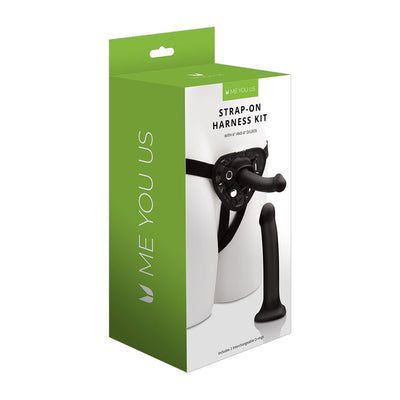 Packaging box of Me You Us strap-on harness kit with two black dildos and adjustable harness shown on a mannequin.