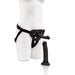 Black adjustable strap-on harness displayed on a mannequin with two interchangeable dildos in different sizes.