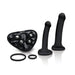 Black strap-on harness kit with two silicone dildos in 6 and 8 inches and three interchangeable O-rings on white background.