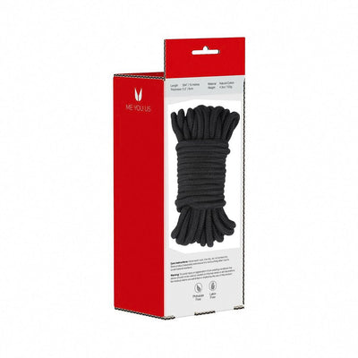 Black cotton rope neatly coiled inside red and white Me You Us branded packaging box.