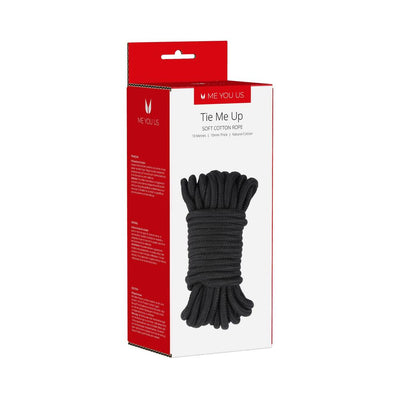 Packaging of Me You Us Tie Me Up soft cotton rope in black, 10 meters long, with red and white box design.