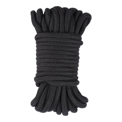 Coiled black cotton rope designed for comfortable and versatile bondage play, measuring 10 meters in length.