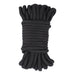 Coiled black cotton rope designed for comfortable and versatile bondage play, measuring 10 meters in length.