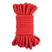 Coiled red cotton rope designed for comfortable and versatile bondage play, measuring 10 meters in length.