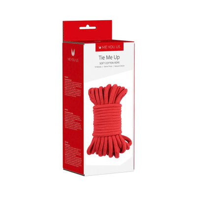 Red soft cotton bondage rope neatly coiled inside red and white Me You Us Tie Me Up packaging box.