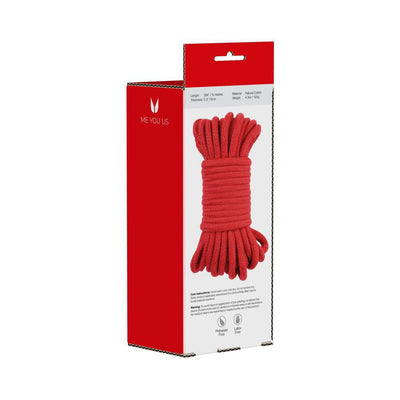 Red cotton bondage rope neatly coiled with packaging showing product details and care instructions.