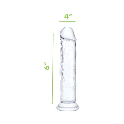 Clear flexible dildo with realistic texture and flared base, measuring 6 inches long and 4 inches wide.
