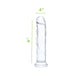 Clear flexible dildo with realistic texture and flared base, measuring 6 inches long and 4 inches wide.
