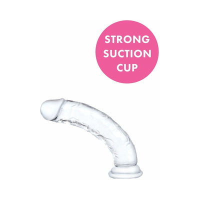Clear flexible dildo with curved shaft and strong suction cup base shown on white background.