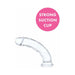 Clear flexible dildo with curved shaft and strong suction cup base shown on white background.