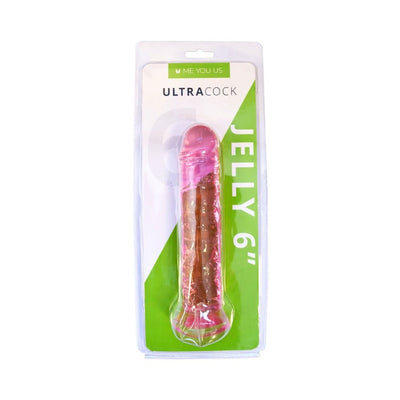 Pink translucent 6-inch flexible dildo with flared base in clear retail packaging labeled Ultra Cock Jelly.