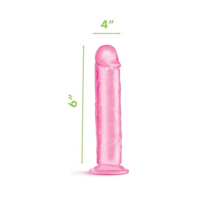 Pink translucent flexible dildo with flared base, measuring 6 inches long and 4 inches wide.