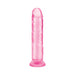 Pink translucent flexible dildo with flared base, 6-inch length, and realistic shape.