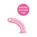 Pink flexible dildo with curved shaft and strong suction cup base shown on white background.