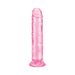 Translucent pink 7-inch flexible dildo with flared base and realistic texture.