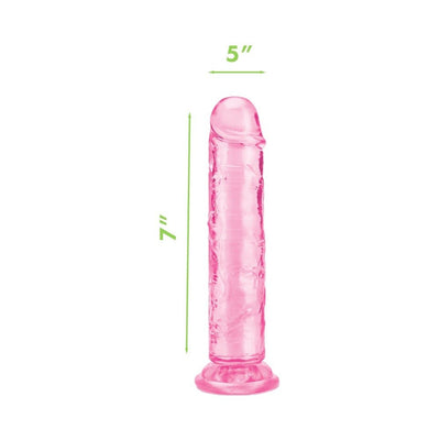 Translucent pink 7-inch flexible dildo with flared base and realistic shape, measuring 5 inches in girth.
