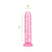 Translucent pink 7-inch flexible dildo with flared base and realistic shape, measuring 5 inches in girth.