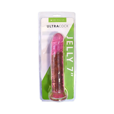 Pink translucent 7-inch flexible dildo with flared base in clear plastic packaging labeled Ultra Cock Jelly 7"