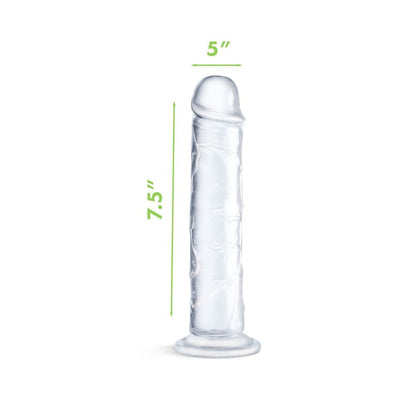 Clear jelly dildo with realistic shape, measuring 7.5 inches long and 5 inches wide, featuring a flared base for harness use.