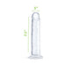 Clear jelly dildo with realistic shape, measuring 7.5 inches long and 5 inches wide, featuring a flared base for harness use.