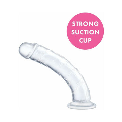 Clear flexible dildo with realistic shape and strong suction cup base for hands-free use.