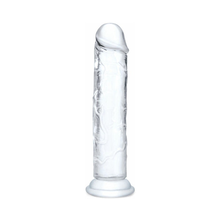 Clear translucent 7.5-inch flexible dildo with realistic shape and flared base for hands-free or harness use.