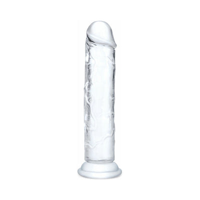 Clear translucent 7.5-inch flexible dildo with realistic shape and flared base for hands-free or harness use.