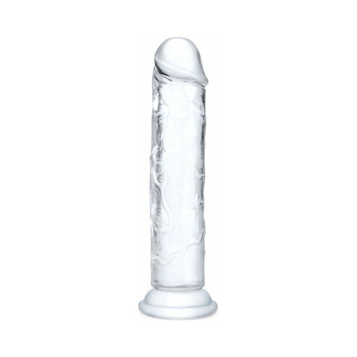 Clear translucent 7.5-inch flexible dildo with realistic shape and flared base for hands-free or harness use.