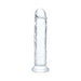 Clear translucent 7.5-inch flexible dildo with realistic shape and flared base for hands-free or harness use.