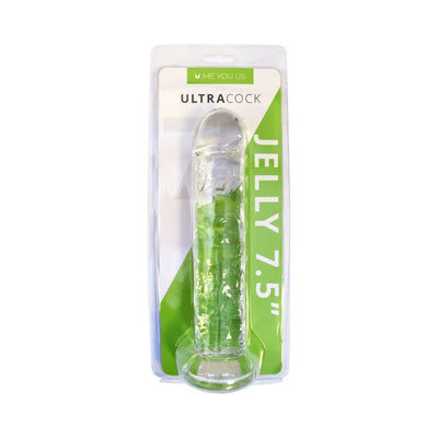 Clear jelly 7.5-inch flexible dildo with flared base in retail packaging by Me You Us.