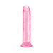 Translucent pink 7.5-inch flexible dildo with realistic shape and flared base for hands-free or harness use.