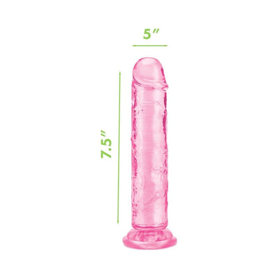 Translucent pink 7.5-inch flexible dildo with flared base and realistic shape shown with size dimensions.