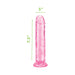 Translucent pink 7.5-inch flexible dildo with flared base and realistic shape shown with size dimensions.