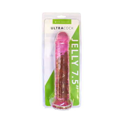 7.5-inch translucent pink flexible dildo in clear retail packaging with green and white label