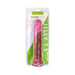 7.5-inch translucent pink flexible dildo in clear retail packaging with green and white label