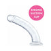 Clear 8.5 inch curved dildo with strong suction cup base for hands-free use and versatile positioning.