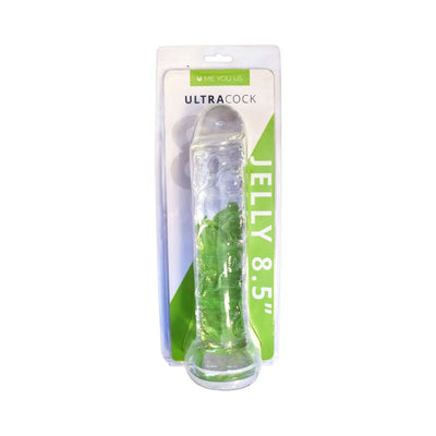 Clear 8.5 inch jelly dildo with flared base in retail packaging by Me You Us Ultra Cock.