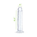 Clear 8.5 inch realistic dildo with flared base and 6 inch girth, standing upright on white background with size indicators.
